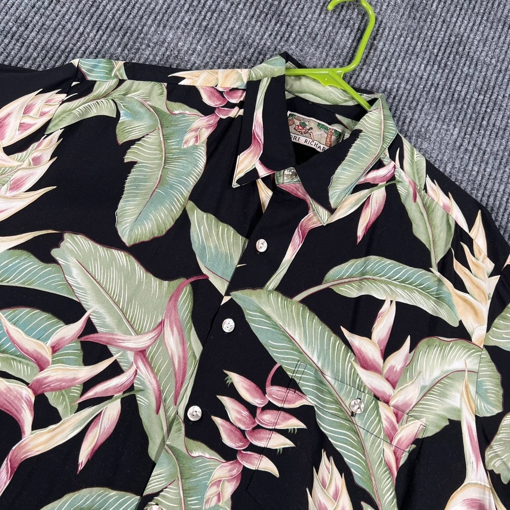 Tori Richard Hawaiian Shirt Mens Large Green Black Floral Short Sleeve Button